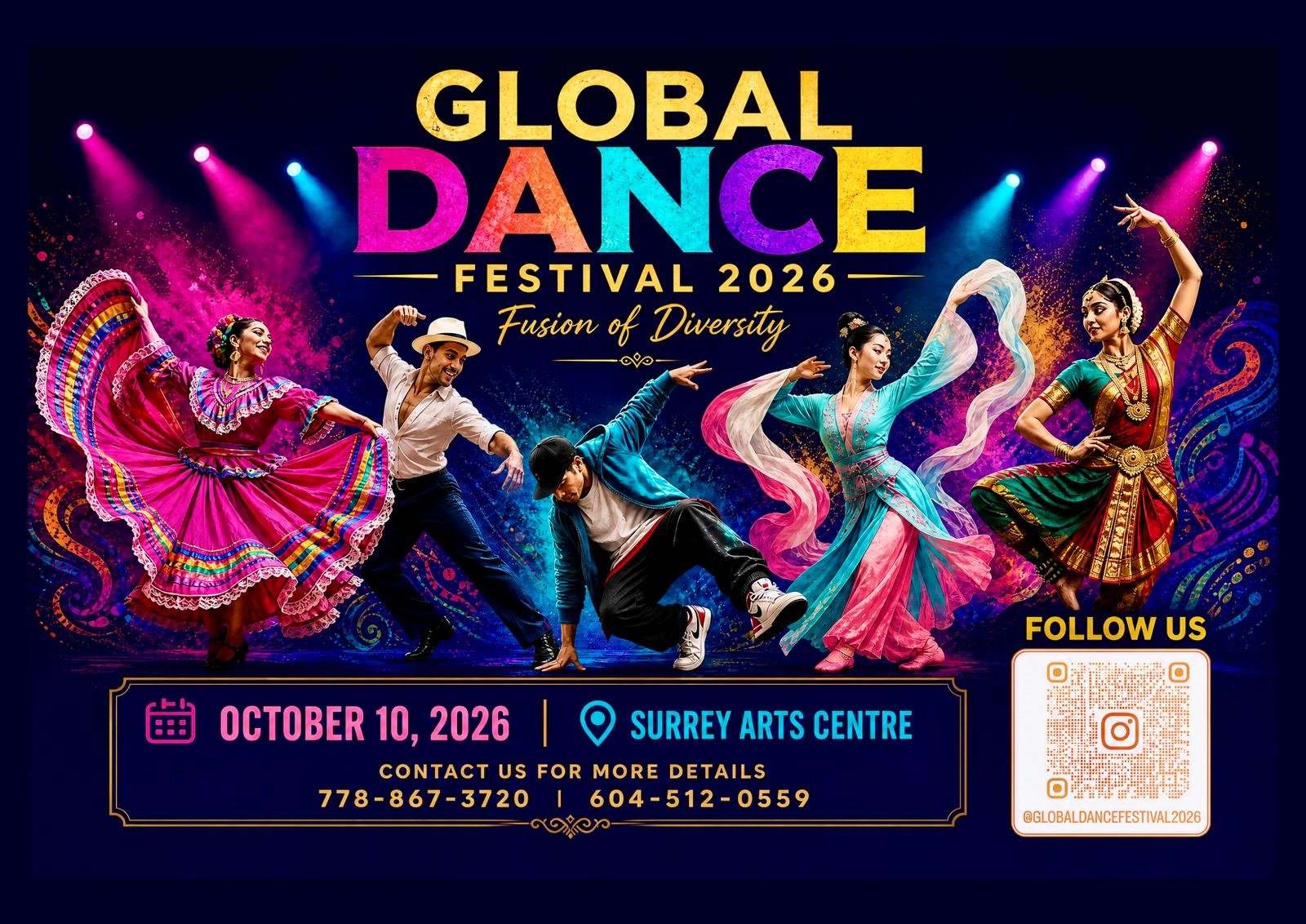 Global Dance Festival 2026 poster — October 10, 2026, Surrey Arts Centre, Surrey BC. Event 3:30 to 7:30 PM, show 4:30 to 7 PM.